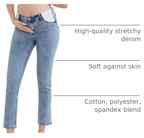 Women's Maternity Jeans Slim Side Stretchy Straight Leg Pregnancy Petite Denim Pants with Pockets - color: Light Blue, size: X-Large