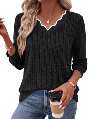 WIHOLL Long Sleeve Womens Shirts Lightweight Fall Tunic Top V Neck Sweaters - color: 02-black, size: Medium