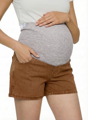 BLENCOT Maternity Jeans Over The Belly Pregnancy Clothes with Pockets - color: Brown, size: Small