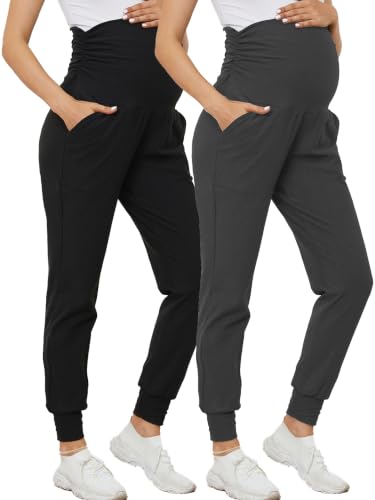 PARNIXS Maternity Two-Piece Set Basic Stretch Design with Pockets Soft Leggings for Active Moms Yoga Pants - Year-Round Wear - color: Black+gray, size: Medium