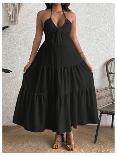 Milumia Women's Maternity Flowy Halter Maxi Dress Summer Sundress - color: Black, size: Medium