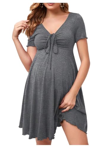 OYOANGLE Women's Maternity Tie Front V Neck Short Dresses - color: Dark Grey, size: X-Large
