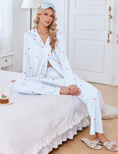 Ekouaer Pajamas for Women Set Long Sleeve Lounge Set Soft Button Down Pjs - color: Blue Stripe, size: Medium