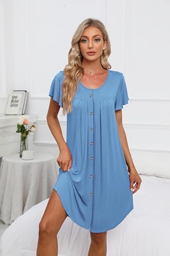 Womens Button Down Nightgown Pleated Front Short Sleeve Sleepshirt - color: A-solid - Baby Blue, size: 4X-Large