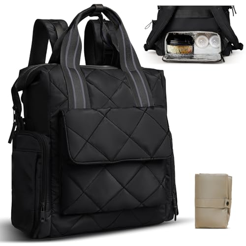 Omanmoli Diaper Bag Backpack Quilted Baby Bag Travel Breast Pump Backpack - color: Black