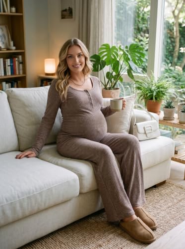BLENCOT Maternity Clothes Ribbed Long Sleeve Sets Button 2 Piece Outfits - color: Brown, size: XX-Large