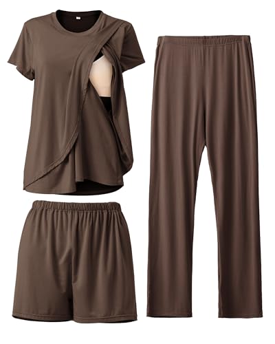 Rnxrbb 3 Piece Postpartum Nursing Pajamas Set Maternity Breastfeeding Pjs - color: 1-coffee Brown, size: Medium