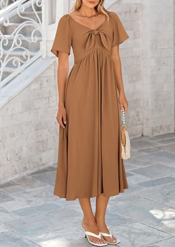 PRETTYGARDEN Women's Summer Bow Tie V Neck Midi Dresses - color: Brown, size: Medium