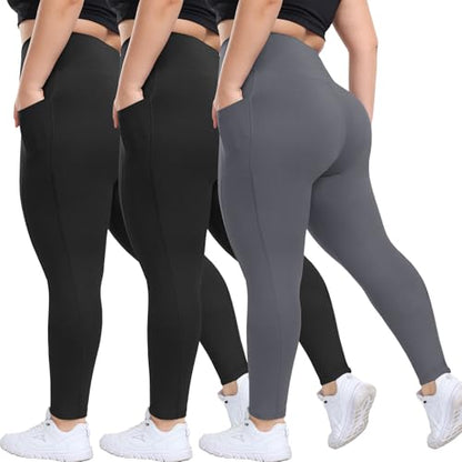 HLTPRO 3 Pack Plus Size Leggings with Pockets for Women - Soft High Waisted - color: A-black/Black/Grey, size: 4X-Large Plus