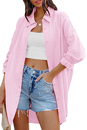 FSHAOES Womens Oversized Button Down Shirts Casual Loose Long Sleeve Solid Lapel Long Blouses Tops with Pockets - color: 05-light Pink, size: X-Large