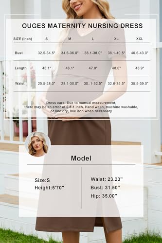 OUGES Womens 2026 Summer Short Sleeve Maternity Nursing Dress V Neck Breastfeeding Split Long Dress Pregnancy Clothes - color: Coffee, size: Small