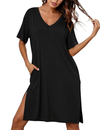 Ekouaer Womens Plus Size Nightgown Bamboo Viscose Short Sleeve Sleepshirt - color: Black, size: Large