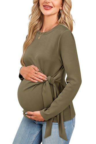 OUGES Women's Bow Tie Waist Maternity Shirts Long Sleeve Pregnancy Tops Crew Neck Fall Winter Elegant Business Blouse - color: Green, size: X-Large