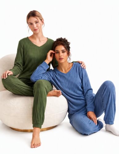 Ekouaer Lounge Sets for Women Long Sleeve Ribbed Knit Pajama Set - color: Black, size: Medium