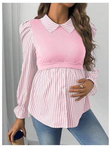 WDIRARA Women's Maternity Striped Button Down Shirts Long Sleeve Collared Blouse 2 in 1 Nursing Top - color: Pink, size: X-Large