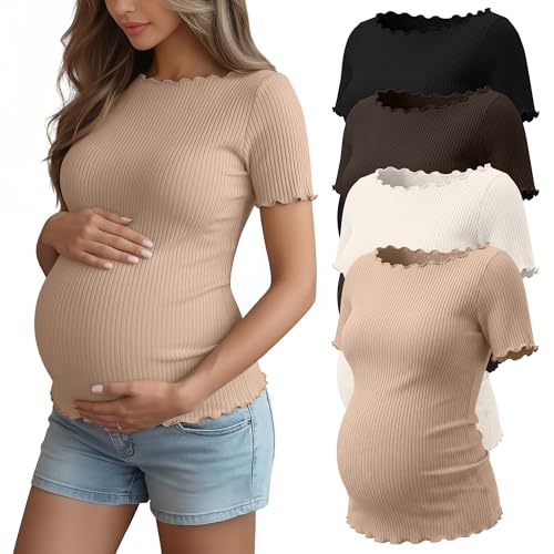 4 Pack Women's Maternity Ribbed Shirts - color: Black, Brown, Cream, Khaki, size: Small
