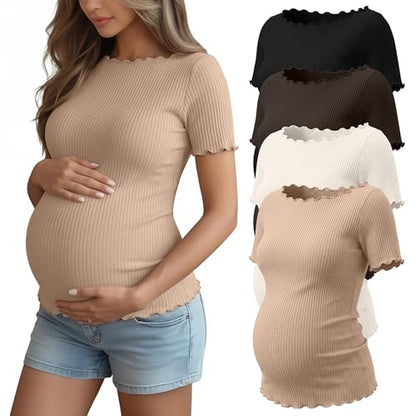 4 Pack Women's Maternity Ribbed Shirts - color: Black, Brown, Cream, Khaki, size: Medium