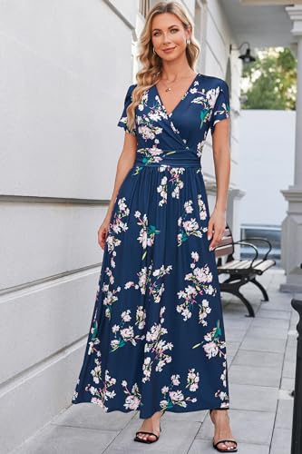 OUGES Women's Wrap V Neck Summer Maternity Photoshoot Dress with Pockets - color: Blue White Floral, size: Medium