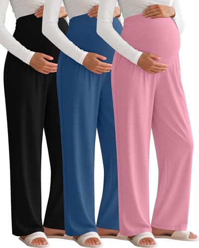 3 Pack Women's Maternity Lounge Pants with Pockets - color: Black, Blue, Pink, size: Large