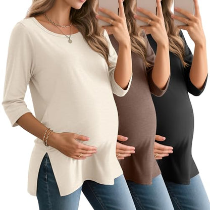 3 Pack Women's 3/4 Sleeve Maternity Loose Crewneck Tops - color: Cream, Coffee Gray, Black, size: Large
