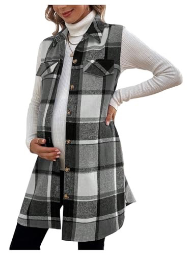 MakeMeChic Women's Maternity Plaid Flannel Vest Collared Pregnancy Coat - color: Black and White, size: X-Large