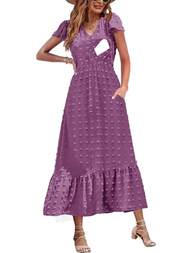 CzzzyL Women Nursing Dresses Cap Short Sleeve V Neck Swiss Dot with Pockets - color: Purple, size: Medium