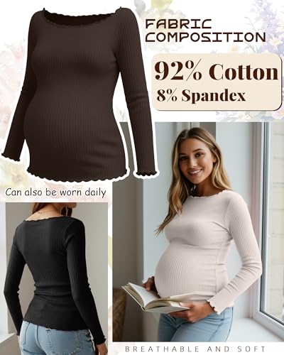 3 Pack Women's Maternity Long Sleeve Cotton Shirts - color: Black, Brown, Cream, size: Small