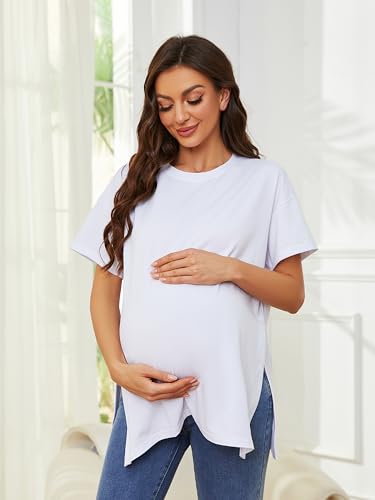Ecavus Maternity Shirts Side Split Soft Cotton Loose Fit Pregnancy Tops - color: White, size: Small