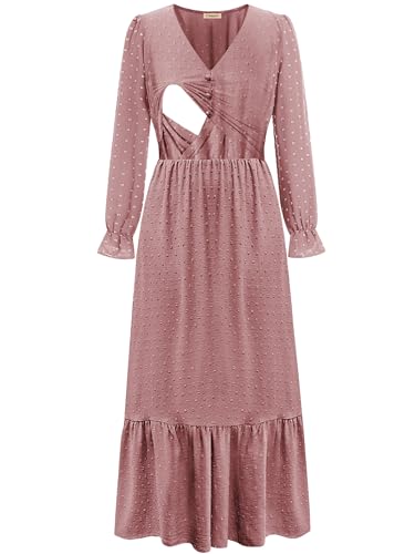 CzzzyL Women Nursing Boho Maxi Dress Swiss Dot Smocked with Pockets - color: S-pink, size: Medium