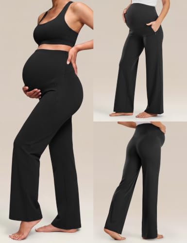 JOYSPELS Smooth Feeling Wide-Leg Maternity Work Pants Soft Pregnancy Yoga Pants with Zippered Pockets Over The Belly - color: Black, size: Small