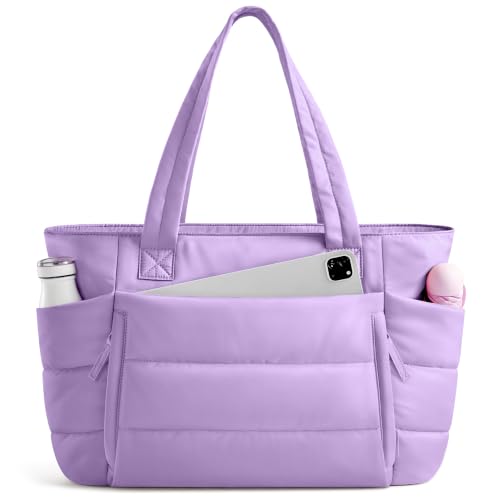 Uselike Tote Bag for Women with Zipper, Quilted Puffer Tote Bag with Compartments, Lightweight Puffy Work Bags for Women - color: Lavender Purple