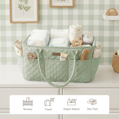 Konssy Baby Diaper Caddy Organizer, Solid Design with PU Leather Handles - color: Fog Green