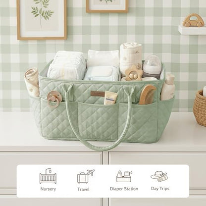 Konssy Baby Diaper Caddy Organizer, Solid Design with PU Leather Handles - color: Fog Green