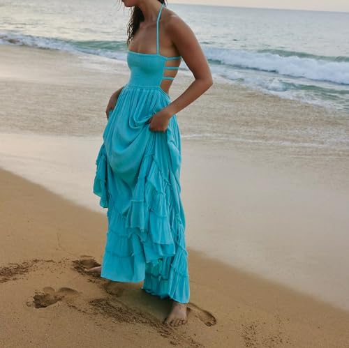 R.Vivimos Womens Summer Boho Sexy Backless Long Dresses - color: Aquablue, size: Large