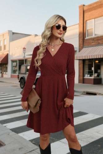WIH0LL Womens Fall Dresses 2026 Long Sleeve Wrap Sweater Dress with Pockets - color: Wine, size: Medium