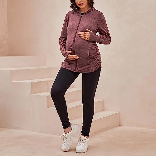 DEBELLY Maternity Sweatshirt Zip Up Hoodie Pockets Pregnancy Postpartum - color: Burgundy, size: Small