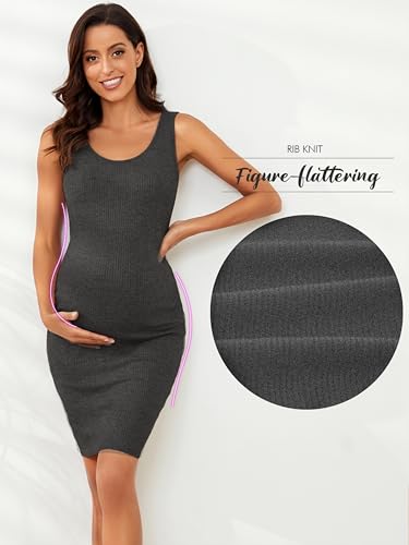 Ecavus Maternity Tank Dress, Maternity Bodycon Dress with Side Ruching - color: Dark Grey, size: Medium