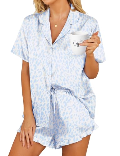 HOTOUCH Womens Satin Pajamas Set Button Down 2 Piece Ruffle Shorts Set - color: Blue Leopard, size: Large
