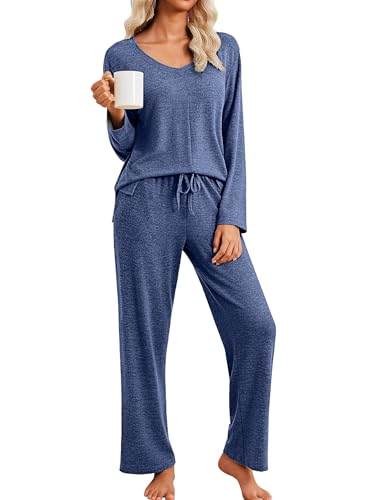 Ekouaer Fall Pajamas for Women Set Long Sleeve V Neck 2 Piece Lounge Sets - color: Dark Navy, size: Small