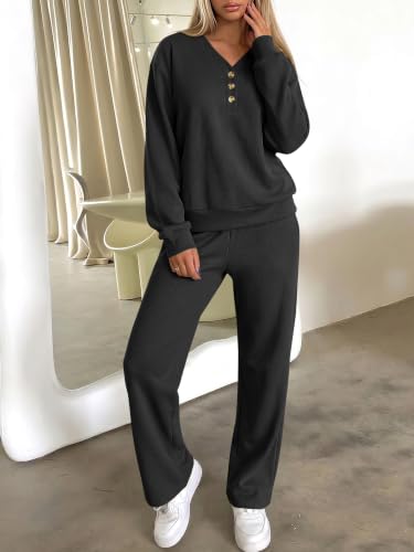 ANRABESS Womens Lounge Sets Waffle Fall 2 Piece Travel Outfits - color: Black, size: Large