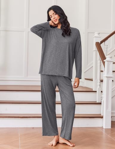 Ekouaer Lounge Sets for Women Long Sleeve Pajamas Fall Loungewear - color: Dark Gray, size: Medium