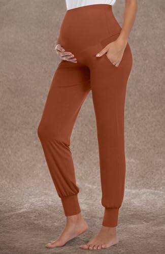 AMPOSH Women's Maternity Pants Stretchy Lounge Workout Sweatpants Casual Loose Comfy Pregnancy Joggers with Pockets - color: Caramel, size: Medium