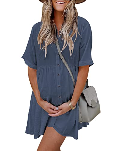 PYGFEMR Women's Short Sleeve Babydoll Dress Button Down Dresses with Pockets - color: 01-gray Blue, size: Medium
