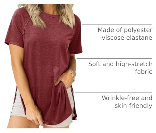 Cicy Bell Womens Short Sleeve Tunic Tops Crew Neck Side Split T Shirts - color: Wine Red, size: Small