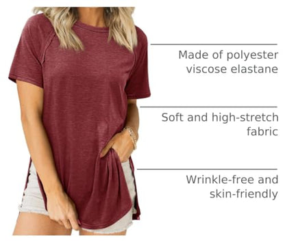 Cicy Bell Womens Short Sleeve Tunic Tops Crew Neck Side Split T Shirts - color: Wine Red, size: Small