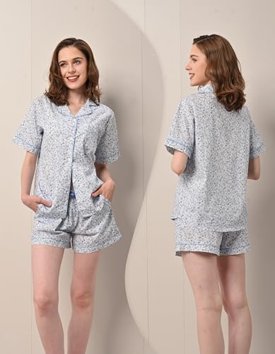 NAP BOUND 100% Cotton Pajamas Set for Women 2 Piece PJs Set - color: Blue Daisy Print, size: X-Small