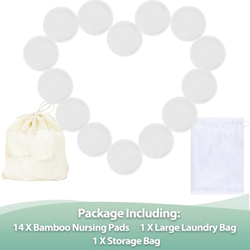 wegreeco Nursing Breast Pads (14 Pack) + Laundry Bag & Travel Storage Bag, 4.7 inch Option - Washable & Reusable Breastfeeding Nursing Pads (White, Plain Shape) - color: White, Plain Shape, size: Large