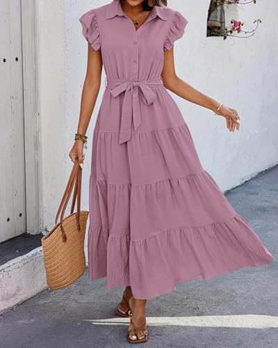dowerme Women Ruffle Sleeve Button Belted Boho Maxi Dress - color: Light Purple, size: Small