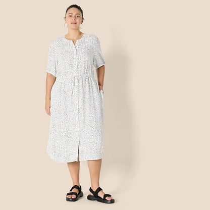Amazon Essentials Women's Relaxed Fit Half-Sleeve Breathable Button Front Drawstring Waist Midi A-Line Dress with Pockets - color: Off White Micro Confetti Print, size: Small