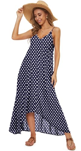 LILBETTER Women V-Neck Polka Dot Print Spaghetti Strap Boho Long Maxi Dresses - color: 02navy Blue Dot, size: Medium